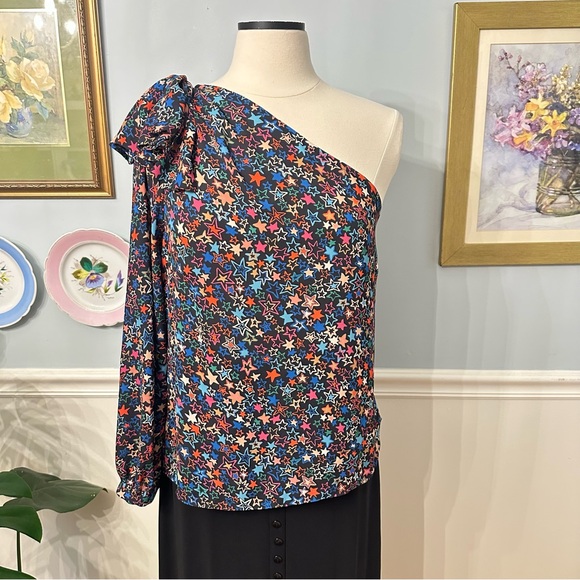 J Crew One-Shoulder Star Print Blouse Size 10 Colorful Party Maximalism - Picture 3 of 10